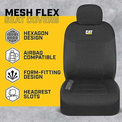 Caterpillar - Fundas de asiento de automóvil Cat® MeshFlex para automóviles, camiones y SUV (juego de 2), fundas de asiento de automóvil negras para asientos delanteros,
