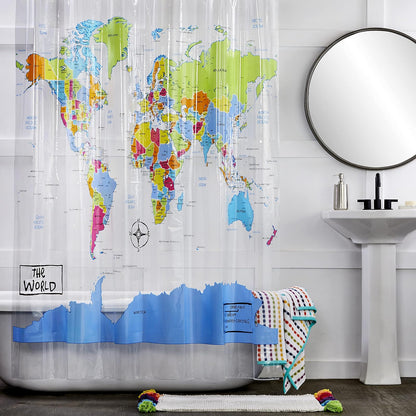SKL Home Saturday Knight The World Cortina de Ducha Hecha de Goma Eva | Transparente con impresión geográfica. Divertido y educativo para un baño de niños o cualquier persona que ama viajar.