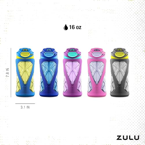 ZULU - Paquete de 2 botellas de agua de plástico para niños de 16 onzas con funda de silicona y tapa abatible a prueba de fugas, bucle de transporte suave al tacto para mochila escolar, lonchera sin