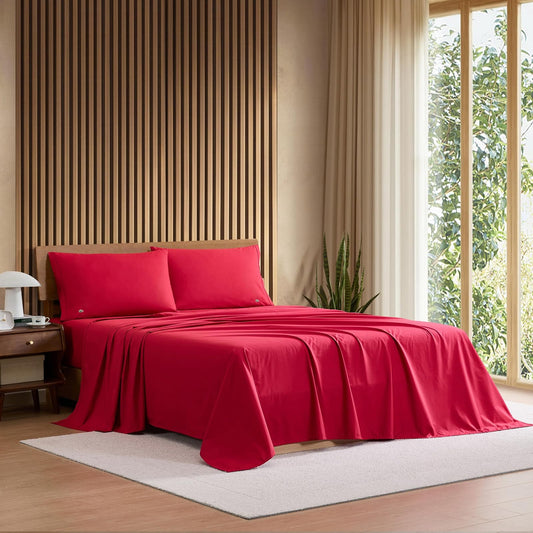 Lacoste Percale Sábana Bajera, Chili Pepper, Individual Extra Grande, 1, 1
