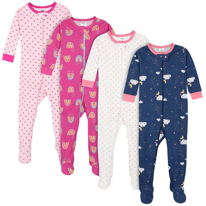 Gerber Paquete de 4 Pijamas con Pies Bebé Niña Estampado Dino y Animales Árticos - Dreams Rainbow Pink - 12 Meses