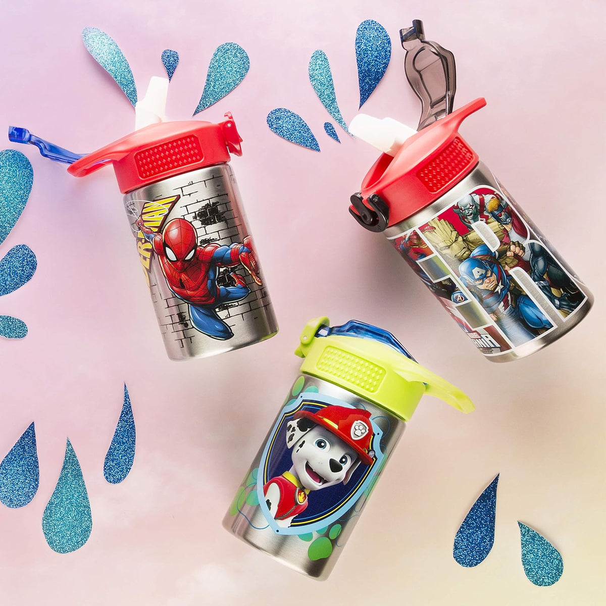 Zak Designs Paw Patrol - Botella de agua de acero inoxidable de 15.5 onzas con boquilla de popote abatible, diseño duradero sin BPA, Paw Patrol Boy SS