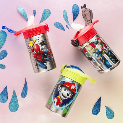 Zak Designs Paw Patrol - Botella de agua de acero inoxidable de 15.5 onzas con boquilla de popote abatible, diseño duradero sin BPA, Paw Patrol Boy SS