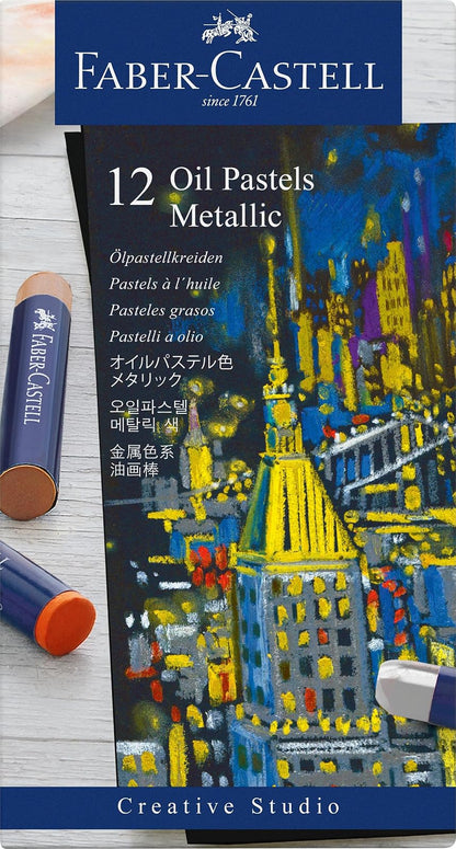 Faber-Castell Tizas Oil Pastels Metálicos con 12 tizas de diferentes colores, este set incluye 12 tizas pasteles al óleo con acabados metálico, cuenta con un empaque compacto que protege cada tiza