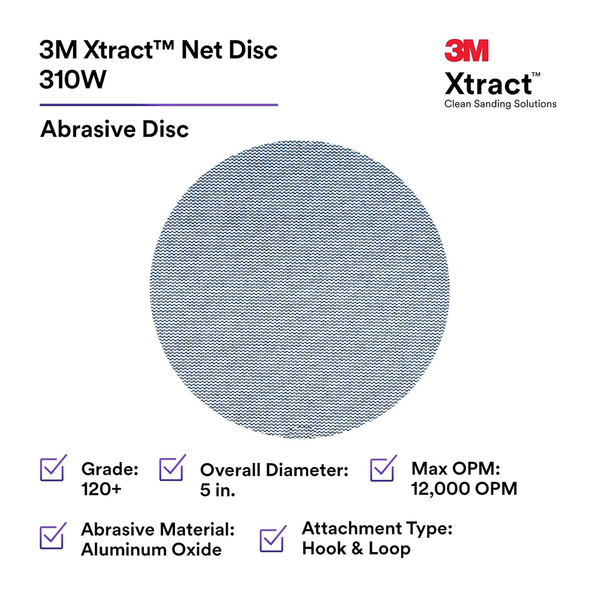 3M Xtract Net Disc 310W, 120+, 5 pulgadas, troquel 500X, paquete de 50 discos de lijado de gancho y bucle, prácticamente sin polvo, opción de valor para metal, madera, compuestos, eliminación de stock