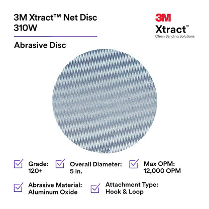 3M Xtract Net Disc 310W, 120+, 5 pulgadas, troquel 500X, paquete de 50 discos de lijado de gancho y bucle, prácticamente sin polvo, opción de valor para metal, madera, compuestos, eliminación de stock