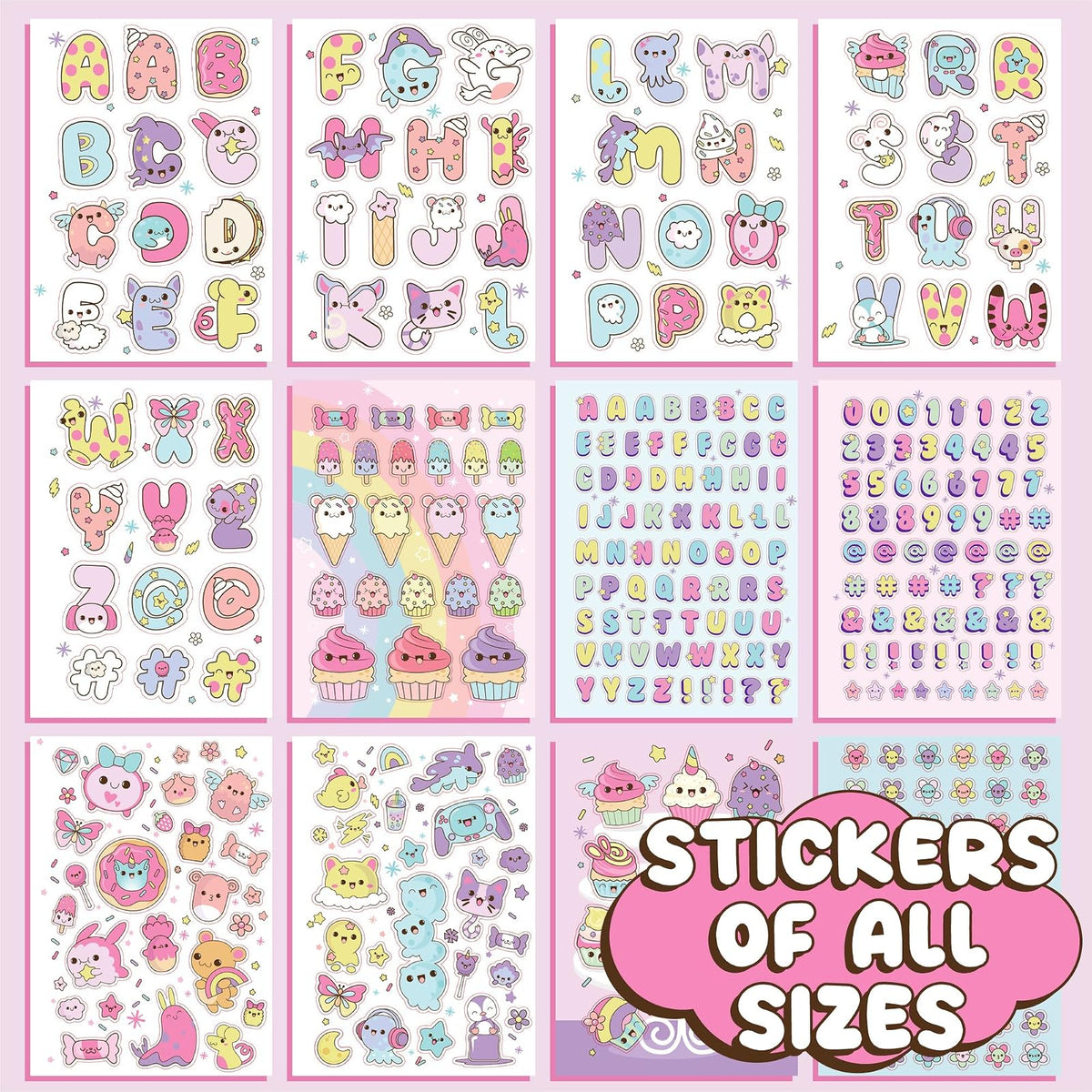 Just My Style - 1500 pegatinas Kawaii, libro de 43 páginas para álbumes de recortes, planificadores, letras de características, planificador feliz, portátil, calcomanías para botellas de agua para