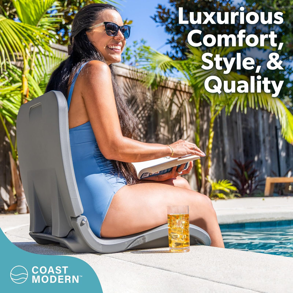 GoSports Coast Modern - Silla portátil para alberca, Plegable, para Adultos, para Piscina, Playa, portón Trasero y Estadio, plástico Duradero con Soporte de Espalda, Color Gris