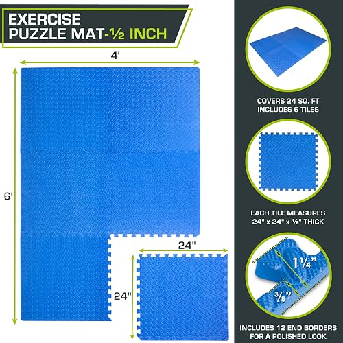 ProsourceFit Exercise Puzzle Mat , EVA Foam Interlocking Tiles Protective and Cushion Flooring for Gym Equipment, Exercise and Play Area, Blue - 1/2 Inch - 24 Sq Ft - 6 Tiles