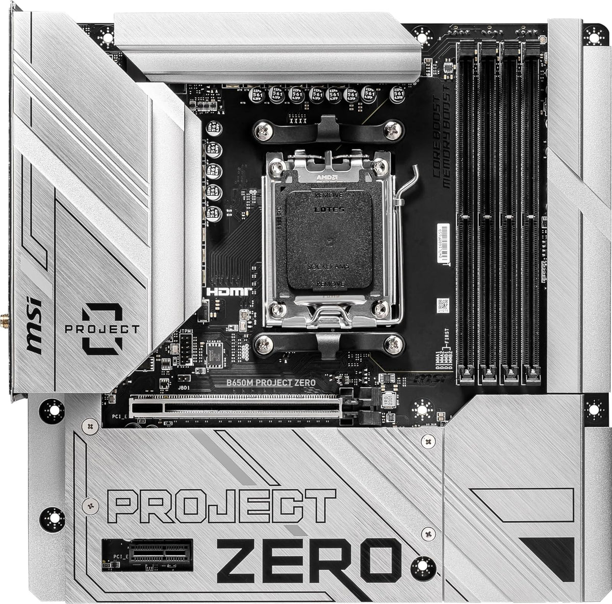 MSI B650M Project Zero - Placa Base para Juegos (procesadores AMD Ryzen Serie 9000/8000/7000, AM5, DDR5, PCIe 4.0, Ranuras M.2, SATA 6Gb/s, USB 3.2 Gen 2, HDMI/DP, Wi-Fi 6E, Bluetooth 5.3