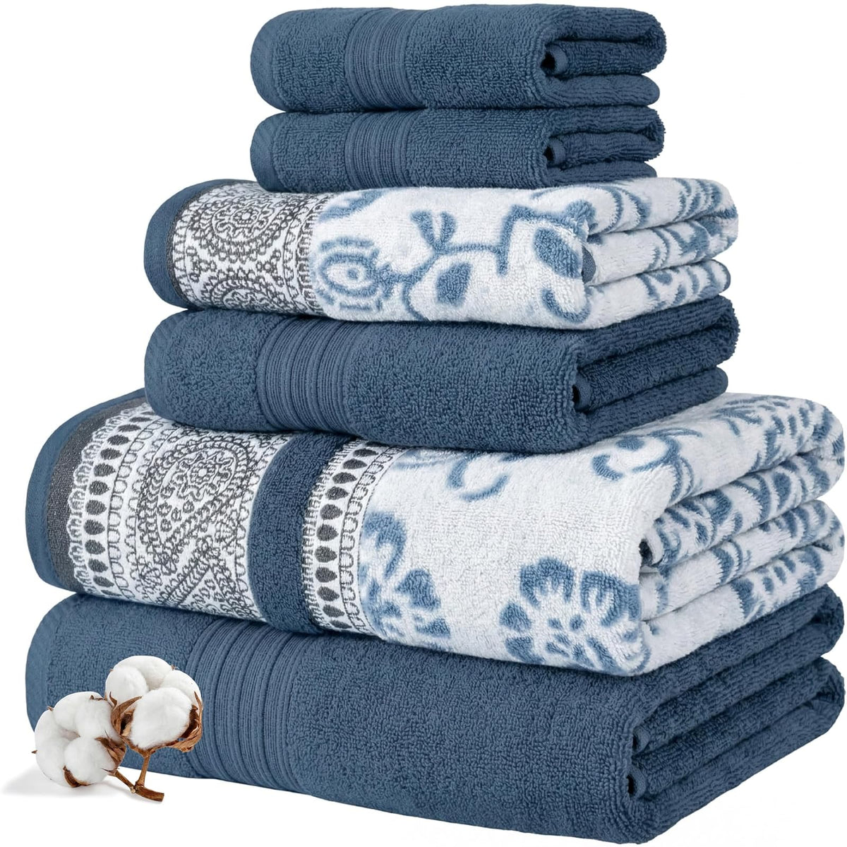 Modern Threads - Juego de 6 Piezas, 2 Toallas de baño, 2 Toallas de Mano, 2 paños de baño teñidos de Jacquard/Toallas sólidas, Ofelia orquídea - Mediano - Azul