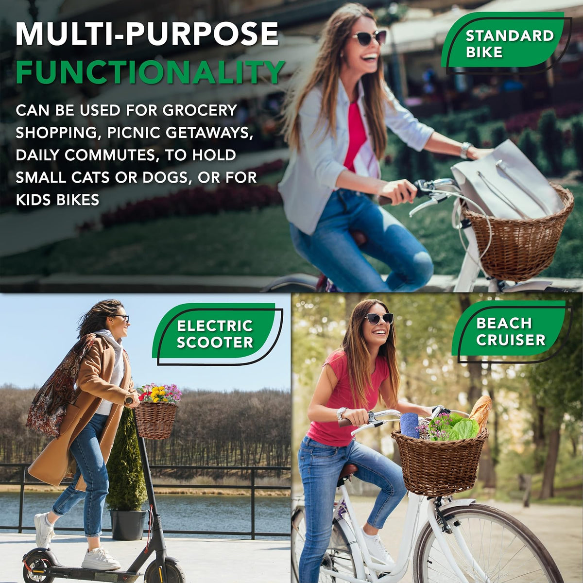 ProSource Wicker & Wire Bike Basket Front Cargo for Women and Men, Fits Most Bikes, Beach Cruiser, Stationary Bike, Ebike, Road Bike