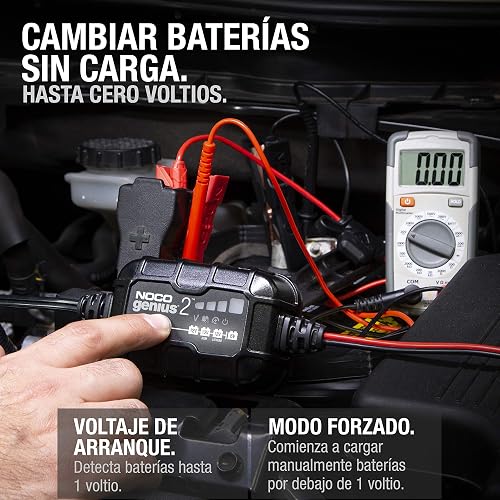NOCO GENIUS2: Cargador de batería Inteligente 6V/12V 2A – Mantenedor automático, Cargador Lento y desulfatador con protección contra sobrecarga y compensación térmica – para baterías Plomo y Litio