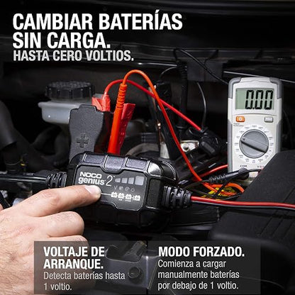 NOCO GENIUS2: Cargador de batería Inteligente 6V/12V 2A – Mantenedor automático, Cargador Lento y desulfatador con protección contra sobrecarga y compensación térmica – para baterías Plomo y Litio
