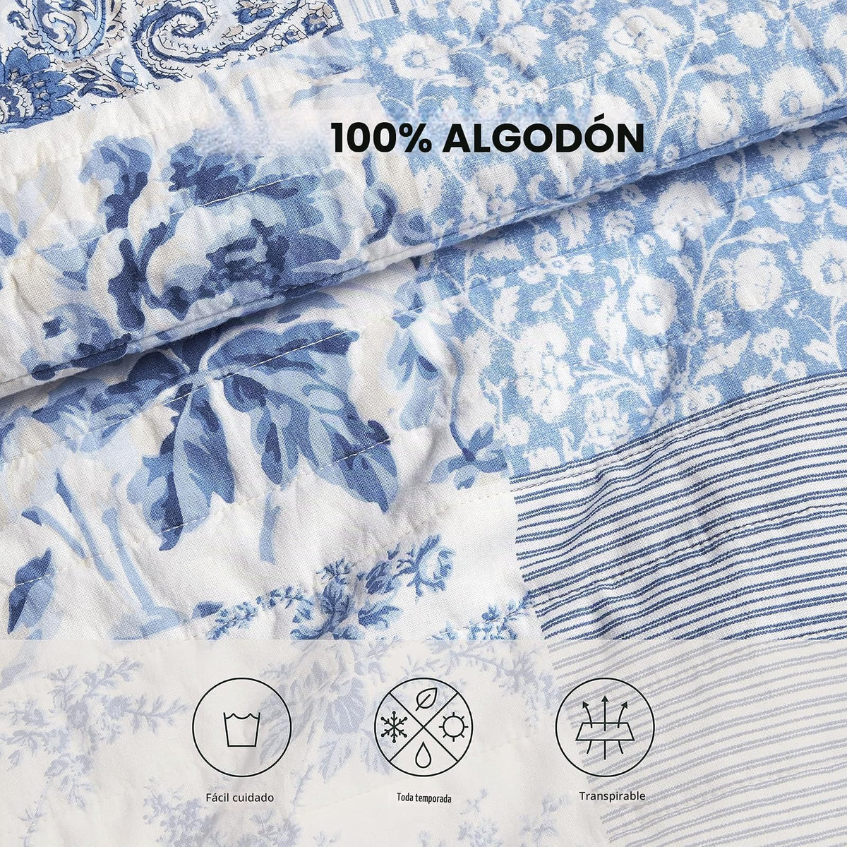 Laura Ashley - Juego de edredón Individual, Ropa de Cama Reversible de algodón con Funda a Juego, decoración del hogar Inspirada en la Granja (Estampado de Patchwork Azul, tamaño Individual)