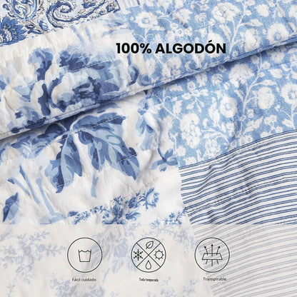Laura Ashley - Juego de edredón Individual, Ropa de Cama Reversible de algodón con Funda a Juego, decoración del hogar Inspirada en la Granja (Estampado de Patchwork Azul, tamaño Individual)