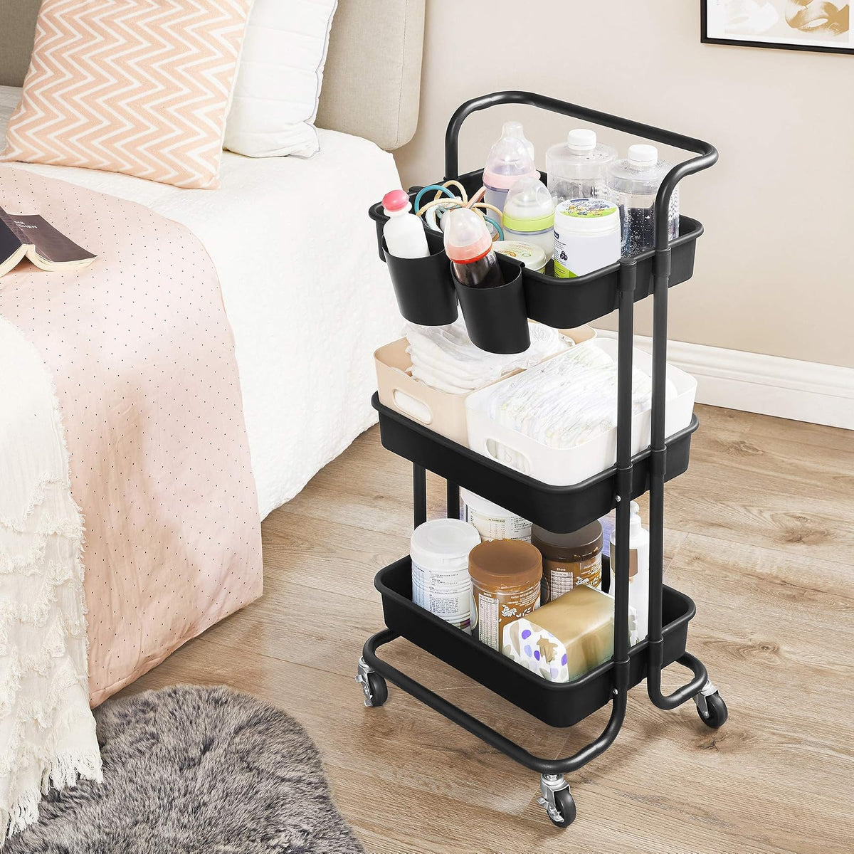 SONGMICS Carrito de Almacenamiento de 3 Niveles con Ruedas y Frenos Negro 13.2x16.4x34 Inches