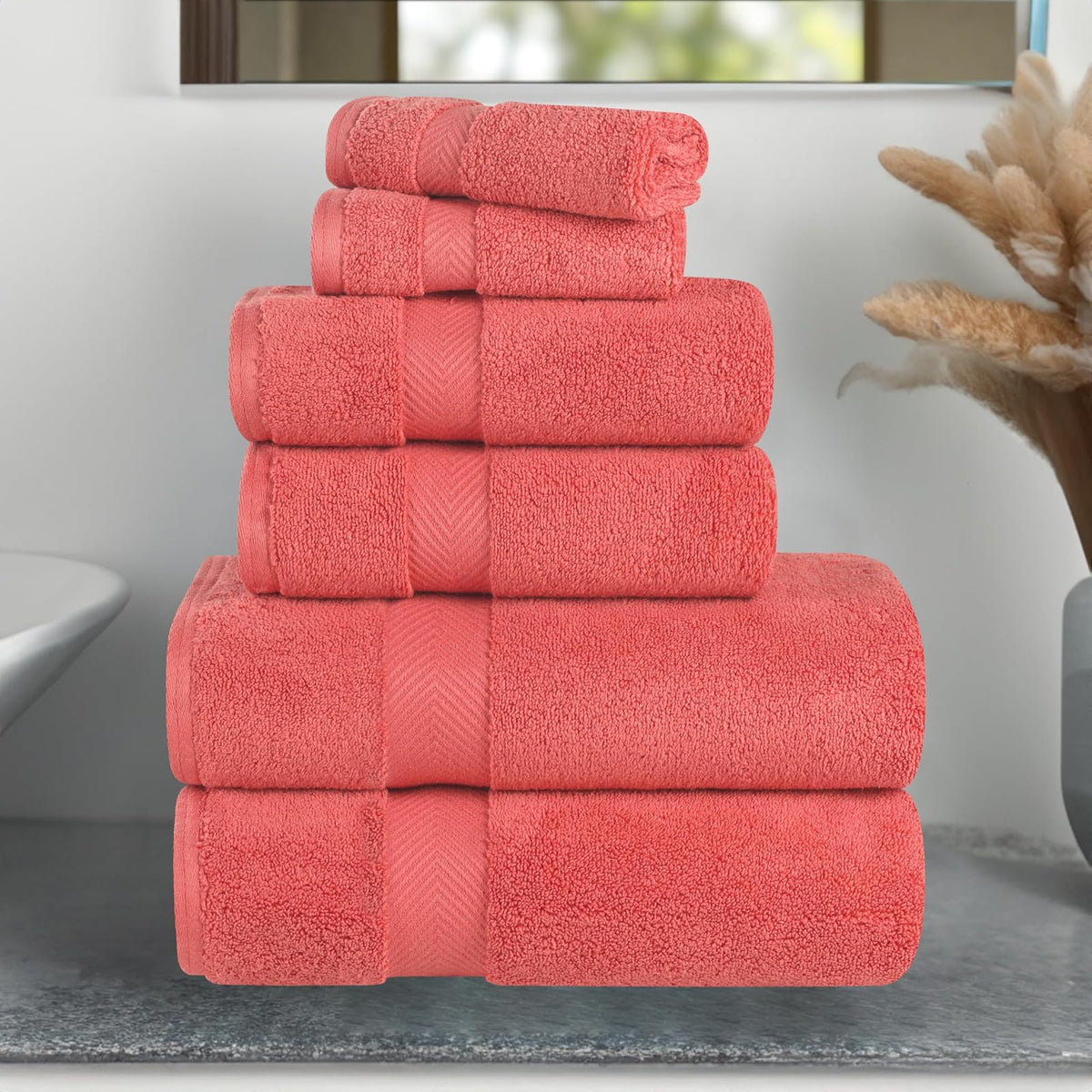 Superior ZT 6 PC Set CO 100% Zero Twist Cotton Super Soft and Absorbent 6 - Piece Towel Set, Coral