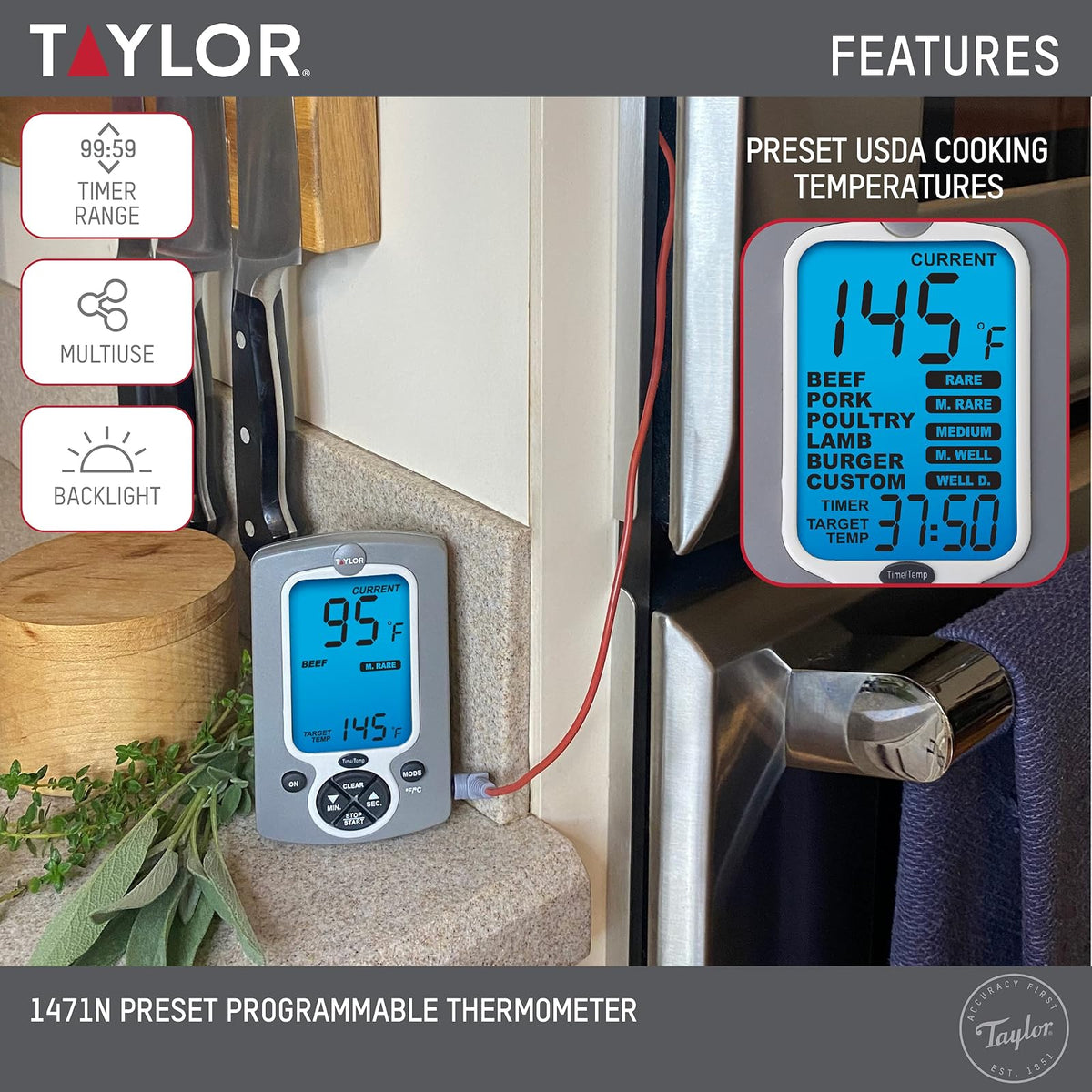 Taylor Instant Read - Sonda Digital con Cable para Carne, Comida y Barbacoa, termómetro de Cocina, Color Blanco