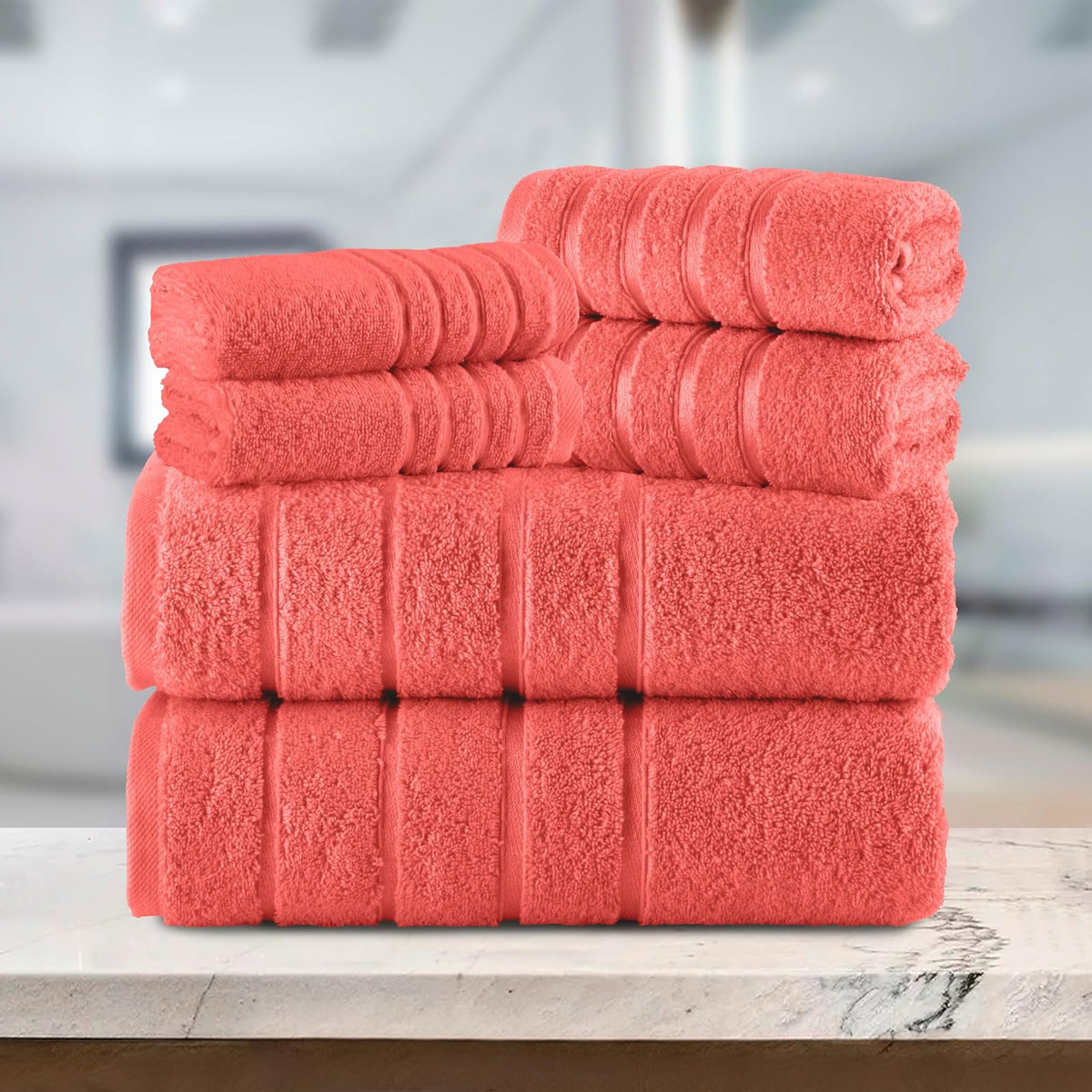 Elegant Comfort - Juego de 6 Toallas de baño de 4 líneas de Viscosa a Rayas – 100% algodón Turco de Alta absorción – Incluye 2 Toallas, 2 Toallas de Mano y 2 Toallas de baño, Color Coral