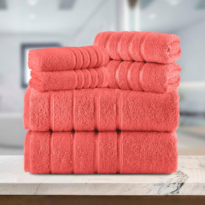 Elegant Comfort - Juego de 6 Toallas de baño de 4 líneas de Viscosa a Rayas – 100% algodón Turco de Alta absorción – Incluye 2 Toallas, 2 Toallas de Mano y 2 Toallas de baño, Color Coral