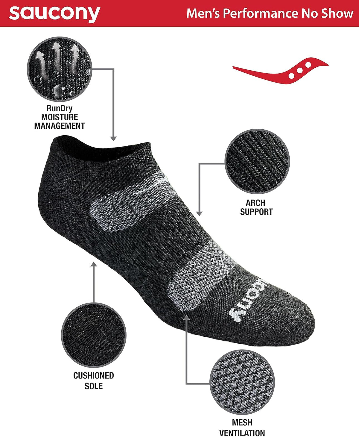 Saucony Saucony Men's 6 Pair Performance Comfort Fit No-show Socks, Hombre