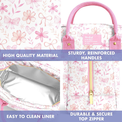 Fit & Fresh Bloomington - Bolsa de almuerzo para mujer - Lonchera grande aislada para trabajar con contenedores, resistente a fugas, resistente a las manchas, cierre de cierre, lazos florales dulces
