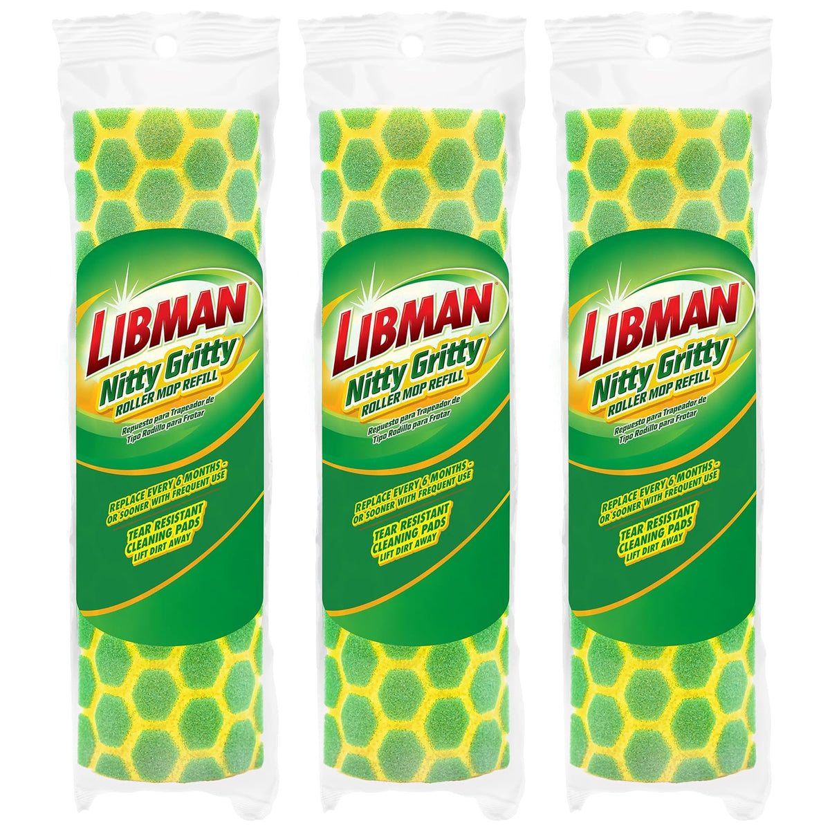 Libman Nitty Gritty - Recambios para mopa Rodillo, Verde, Amarillo, Paquete de 3