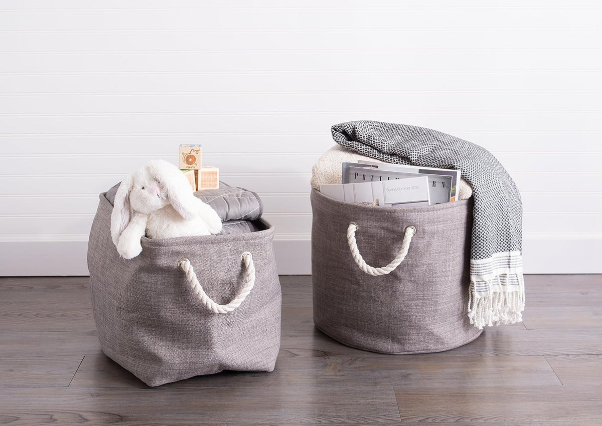 DII, Collapsible Variegated Polyester Storage Bin with Cotton Handles Medium Round Gray