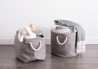 DII, Collapsible Variegated Polyester Storage Bin with Cotton Handles Medium Round Gray