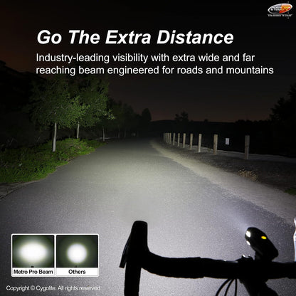 Cygo Lite Metro Pro - Luz de Bicicleta de 1.100 lúmenes, 9 Modos nocturnos y de día, Compacto y Duradero, Resistente al Agua, IP67, Soporte Duro Seguro, Faro Recargable USB, para Carretera, montaña,