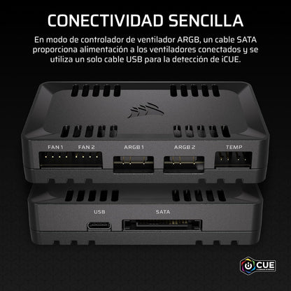 CORSAIR COMMANDER DUO iCUE LINK RGB Controlador del Ventilador y de Iluminación – Controla 12 Ventiladores Mediante Cadena Tipo Daisy-Chain PWM, Dos Sensores de Temperatura Flexibles Incluidos – Negro