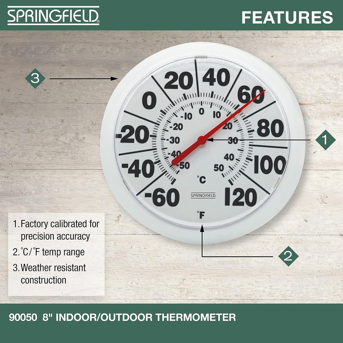 Springfield Termómetro de Esfera Grande para Interiores y Exteriores, inalámbrico con números Grandes fáciles de Leer, Esfera de 8 Pulgadas para Uso en Patio, Piscina o Interior, Acabado Blanco