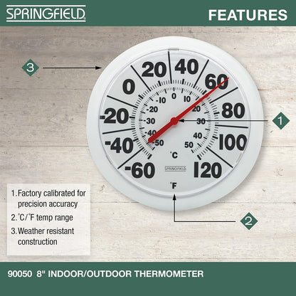 Springfield Termómetro de Esfera Grande para Interiores y Exteriores, inalámbrico con números Grandes fáciles de Leer, Esfera de 8 Pulgadas para Uso en Patio, Piscina o Interior, Acabado Blanco