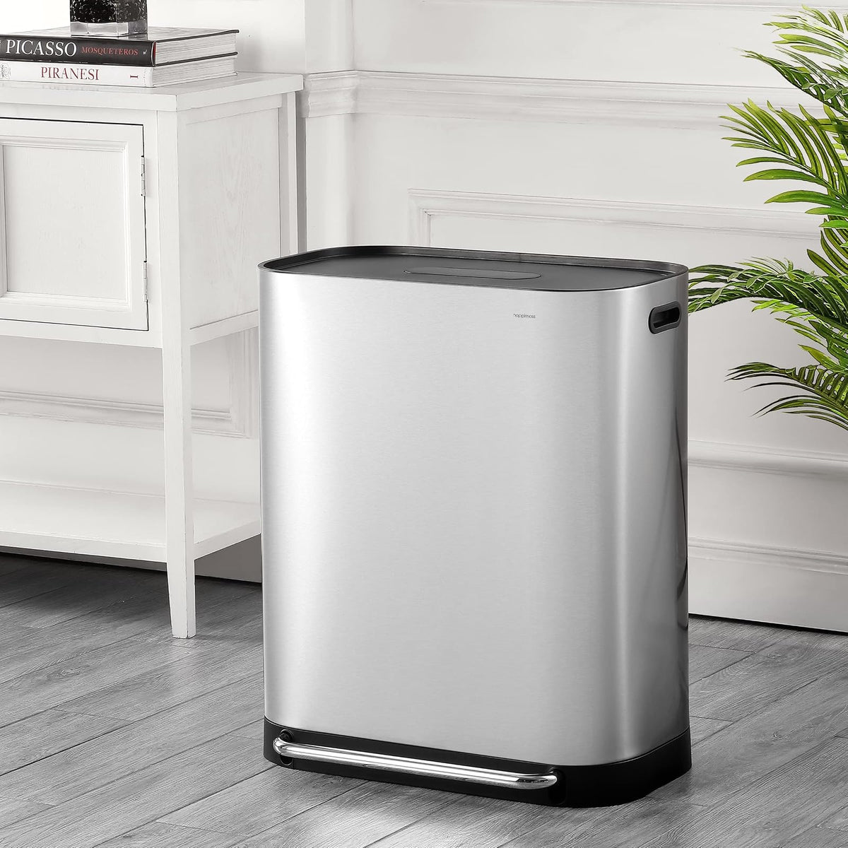 happimess HPM1014A Beni - Papelera de reciclaje de cocina de 16 galones, doble cubeta para el hogar, recámara, baño, sala de estar, habitación de invitados, oficina, cocina, cromo