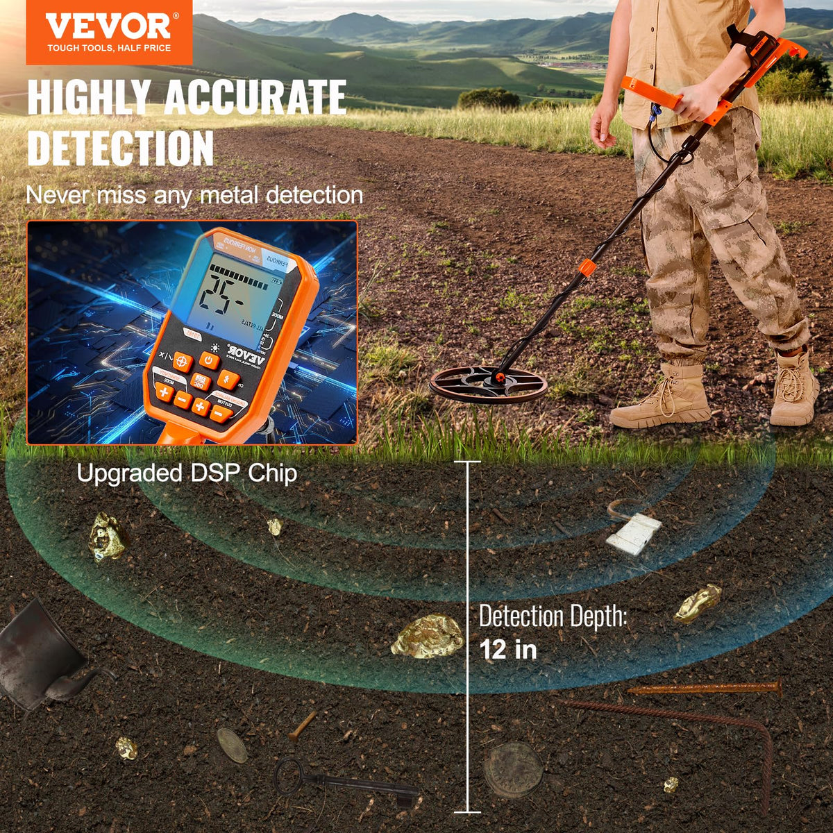 VEVOR Detector de Metales Impermeable, Bobina de 12 Pulgadas, Detector Profesional Recargable Dorado, 39-50 Pulgadas, Ajustable con LCD de 7 Modos avanzados DSP Chip Bluetooth, IP68 para detectar la