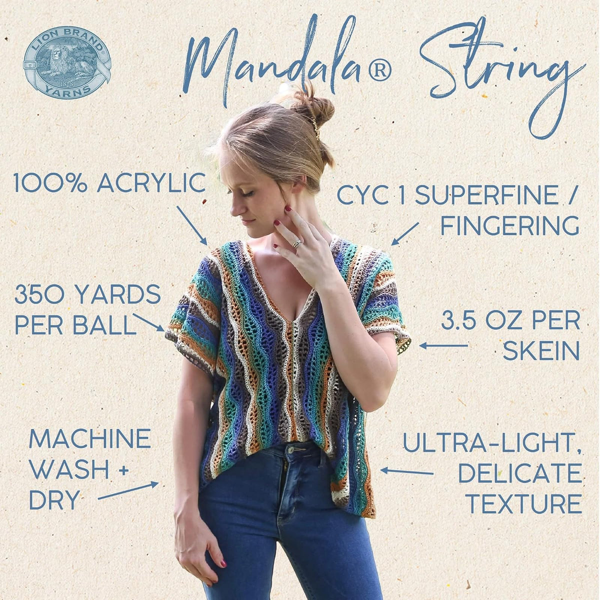 Lion Brand Yarn Mandala - Hilo de hilo para cuerda | Fibra de punto y ganchillo abigarrado fino para chales delicados, tops de verano de encaje, bandanas, cárdigans ligeros