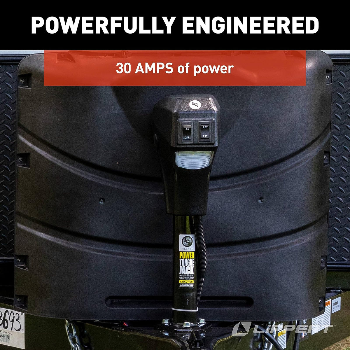 Lippert Power Tongue Jack - Marco en Forma de A, 3.5 Libras. Carrera de 18 Pulgadas, Almohadilla de pie de 5.4 Pulgadas, Carcasa Texturizada Duradera, anulación Manual de manivela de Emergencia,