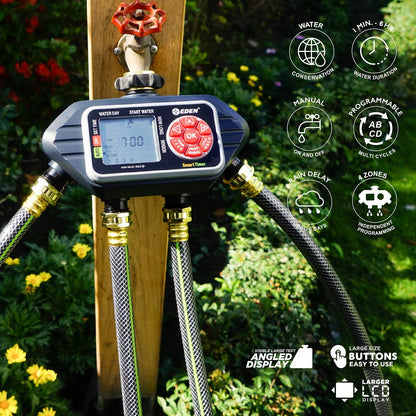 Eden 93413 Temporizador Digital programable de Agua de 4 Zonas, Compatible con Sensor inalámbrico de Humedad del Piso