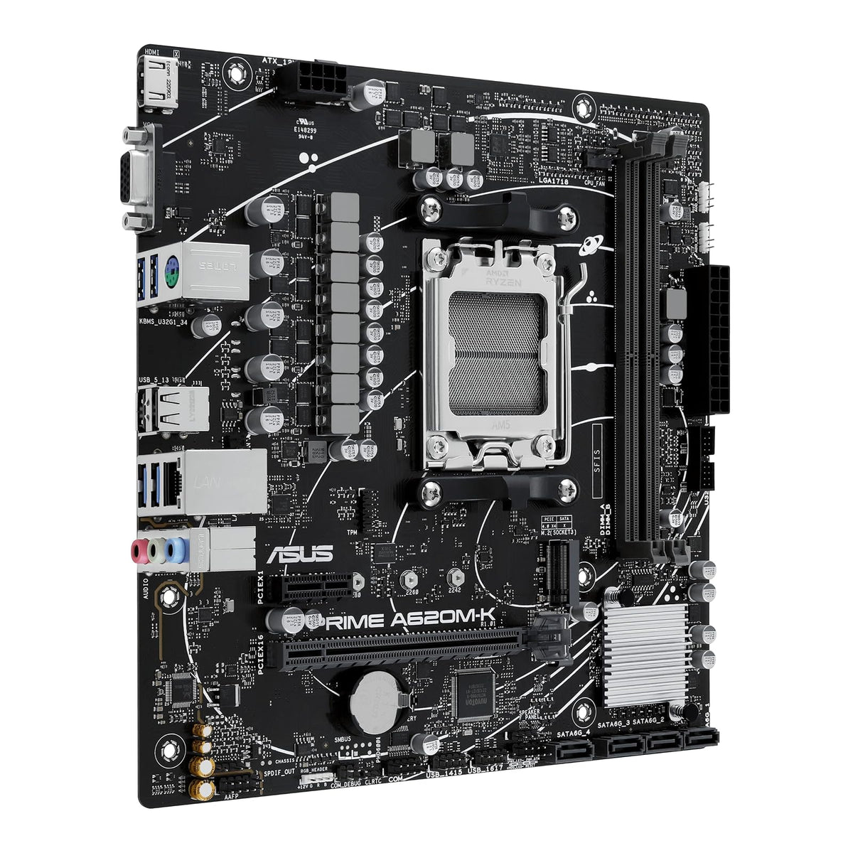 ASUS Prime A620M-K Tarjeta Madre AMD para armar tu PC de Trabajo y Estudio | mATX, AMD AM5 (Ryzen 9000/7000), DDR5 hasta 7200+ (OC) EXPO, PCIe 4.0 x16, ranura M.2 (PCIe 4.0), LAN Gigabit, 4x SATA