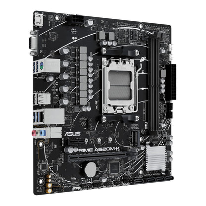 ASUS Prime A620M-K Tarjeta Madre AMD para armar tu PC de Trabajo y Estudio | mATX, AMD AM5 (Ryzen 9000/7000), DDR5 hasta 7200+ (OC) EXPO, PCIe 4.0 x16, ranura M.2 (PCIe 4.0), LAN Gigabit, 4x SATA