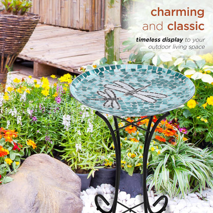 Alpine Corporation 24" Tall Outdoor Mosaic Dragonfly Glass Birdbath Bowl with Metal Stand