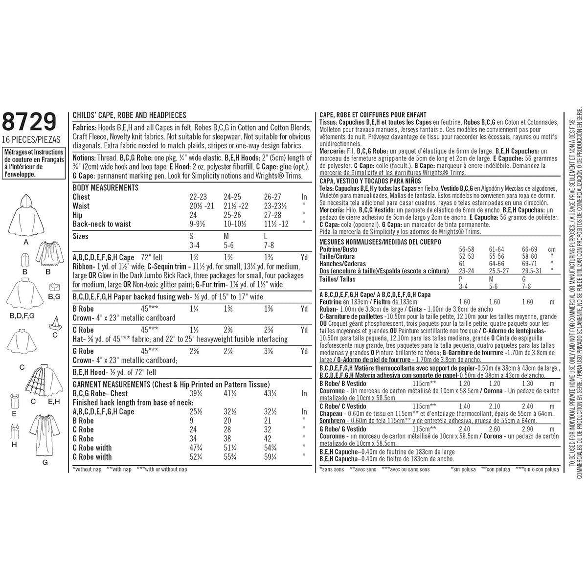 Simplicity 8729 - Patrón de costura para disfraz infantil, 8 piezas, tallas S-L