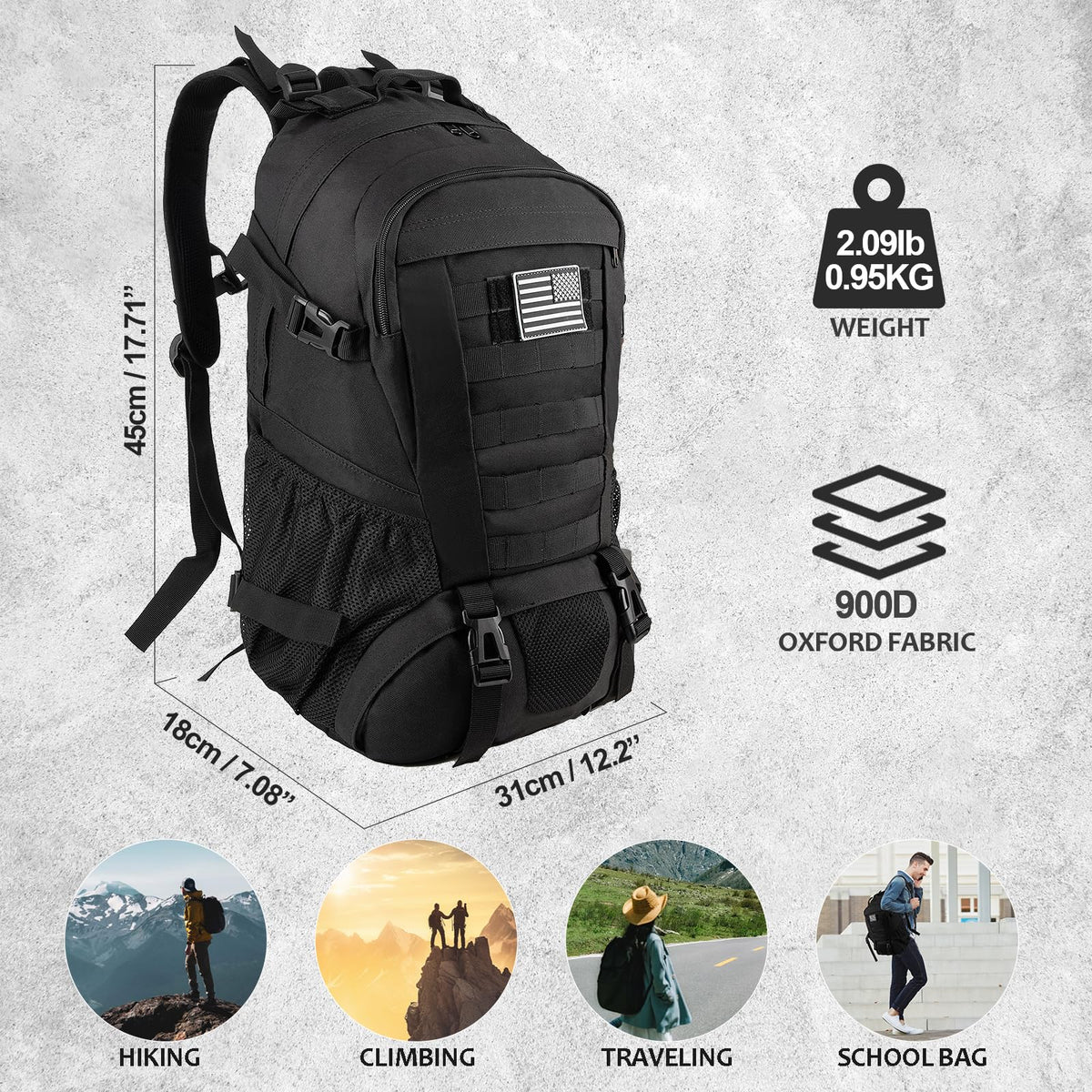 Jueachy - Mochila táctica para hombre, mochila militar Molle, impermeable, 30 L, con parche de bandera de Estados Unidos