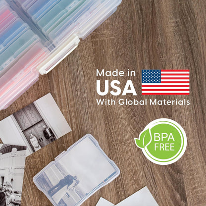 IRIS USA Caja Organizadora para Fotos, 12 Estuches, 2 Piezas, Clara | Compatible con fotos 4"x6", asa integrada, organizador para tareas, calcomanías, recortes y tarjetas didácticas