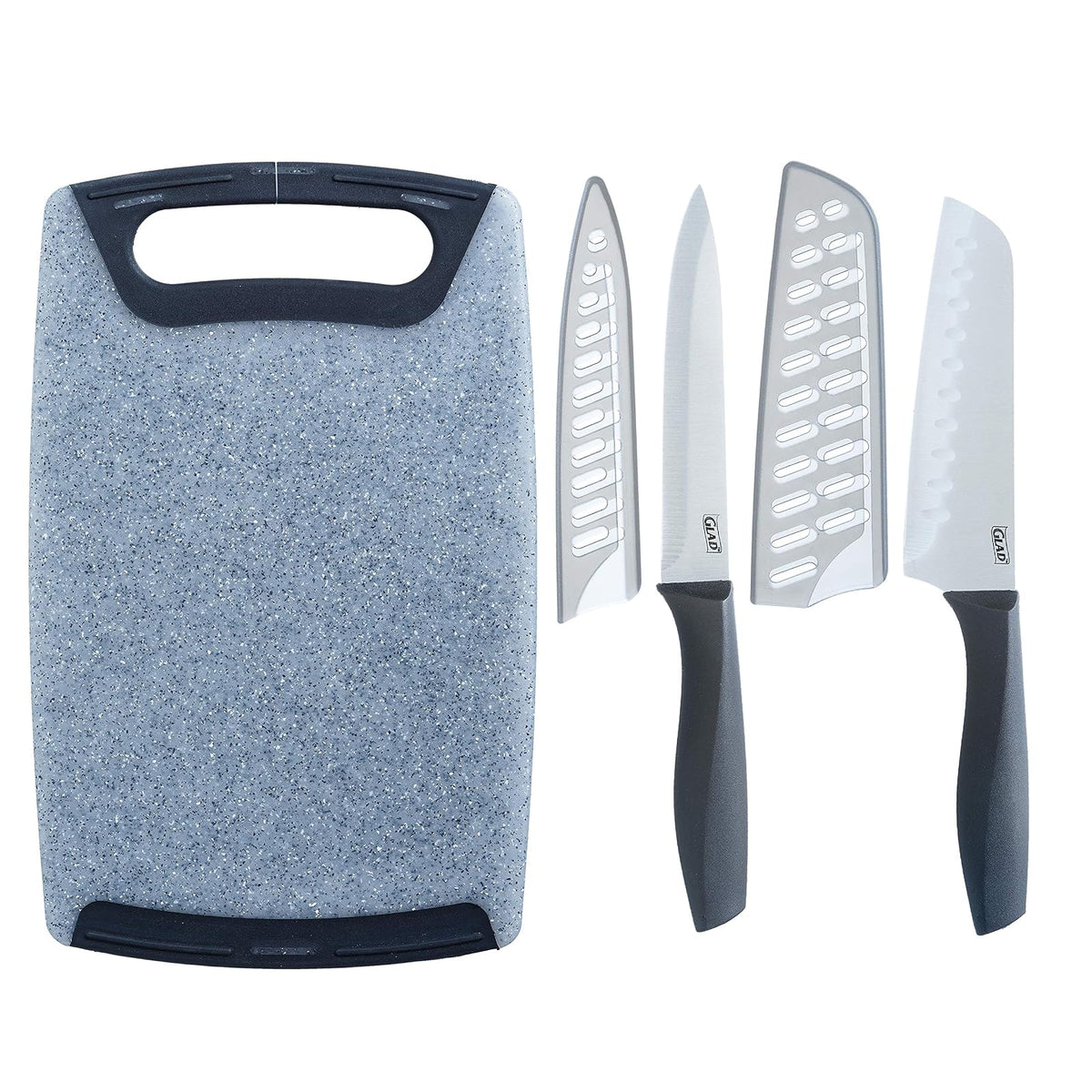 Glad - Juego de cuchillos con tabla de cortar, 5 piezas, cuchillos santoku afilados y utilitarios con cubiertas de hoja y bloque de plástico para picar | Accesorios de cocina color gris
