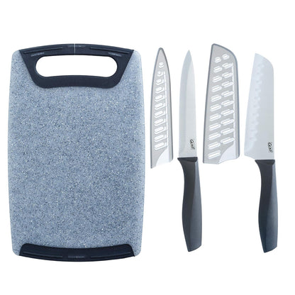 Glad - Juego de cuchillos con tabla de cortar, 5 piezas, cuchillos santoku afilados y utilitarios con cubiertas de hoja y bloque de plástico para picar | Accesorios de cocina color gris