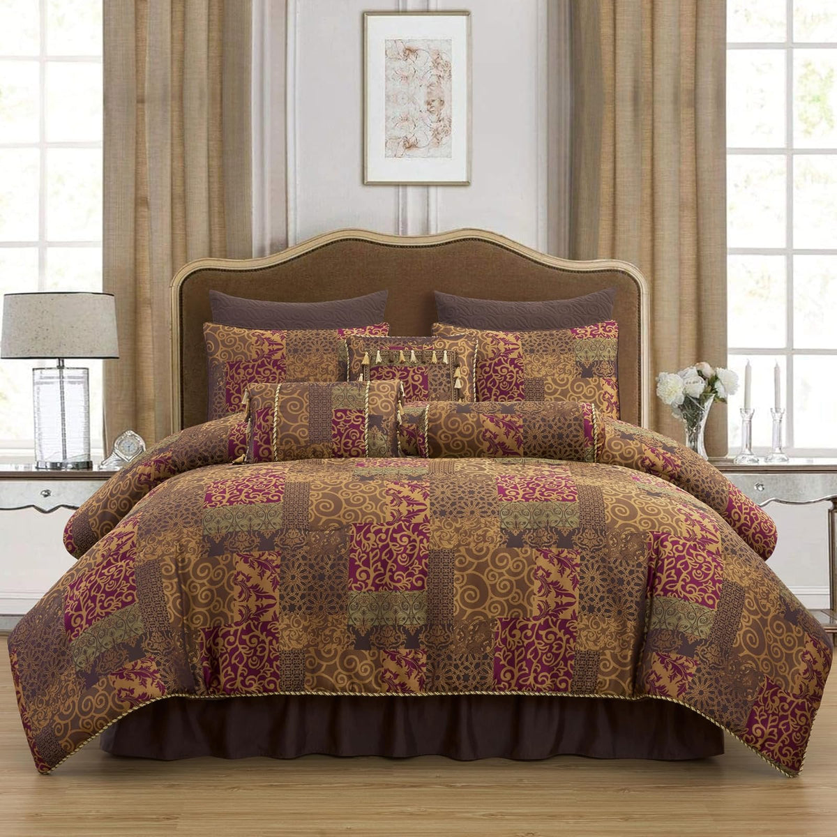 Chezmoi Collection Amelia - Juego de edredón de 9 Piezas con diseño Floral Jacquard Patchwork, Queen, Multicolor
