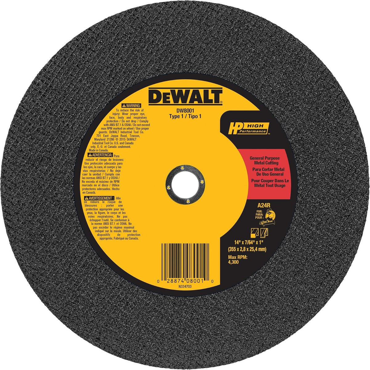 DEWALT DW8001 Z Disco Abrasivo de Corte 14 x 1 pulgada