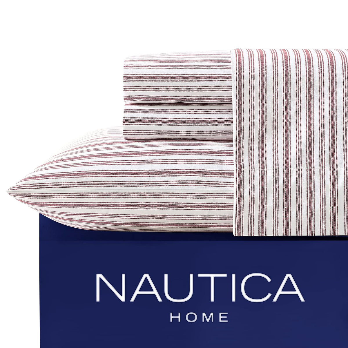 Nautica Juego de Sábanas de Percal 100% Algodón - Coleridge Stripe Red - Individual